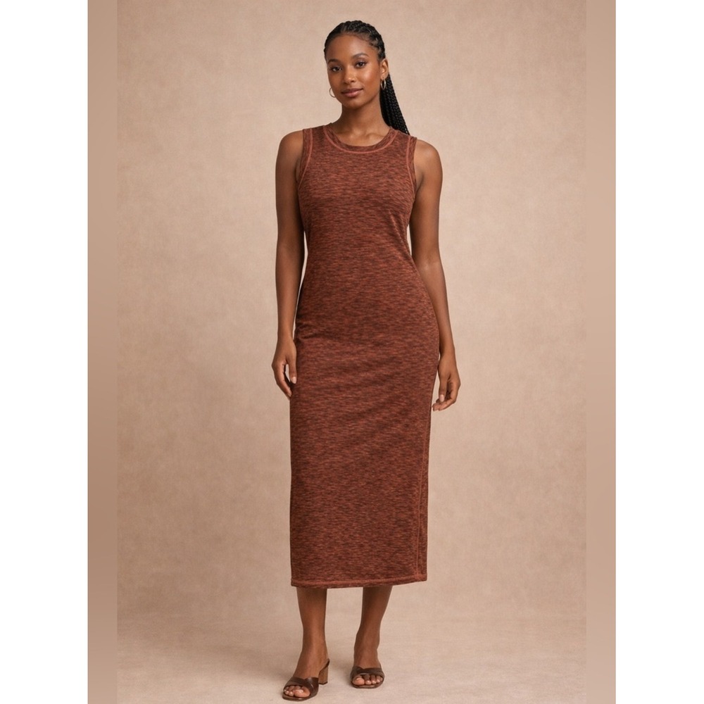 Prana Womens Space Dye Sleeveless Midi Dress Rust Brown Crew Neck Sheath Size S